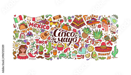 Cinco de Mayo celebration illustration with colorful Mexican icons and symbols