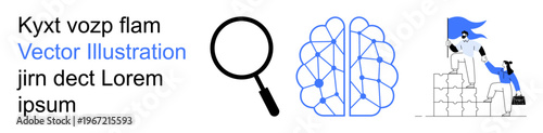 Artificial intelligence, teamwork, technology training, project management, problem-solving, business solutions. Brain diagram, magnifying glass team members building blocks. Artificial intelligence