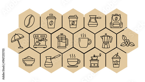 A collection of coffee and tea icons in a honeycomb pattern