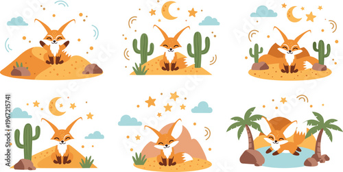 Cute fox desert scenes collection with cactus night stars oasis sand landscape wildlife animals and nature illustration set