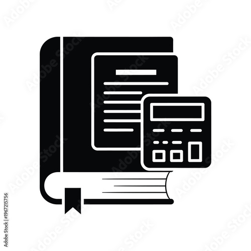 Professional accounting and bookkeeping icon with a textbook and calculator representing financial planning, tax preparation, and educational mathematics.
