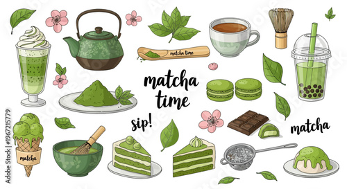 A vibrant illustration of various matcha green tea desserts and drinks