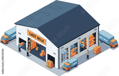 Last Mile Logistics Center Isometric Illustration: Distribution Warehouse with Workers Loading Delivery Trucks and Packages