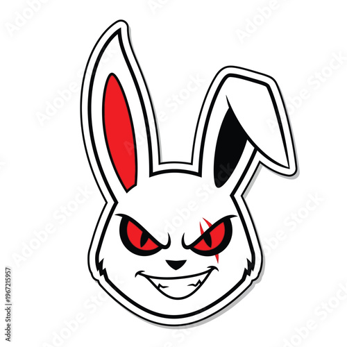 A fierce white rabbit head with glowing red eyes and a scar. sticker