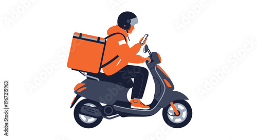 Delivery person on scooter checking phone vector illustration