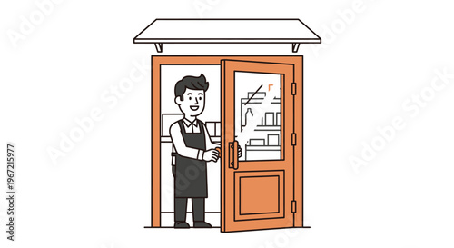 Shopkeeper opening shop door illustrated graphic simple vector design