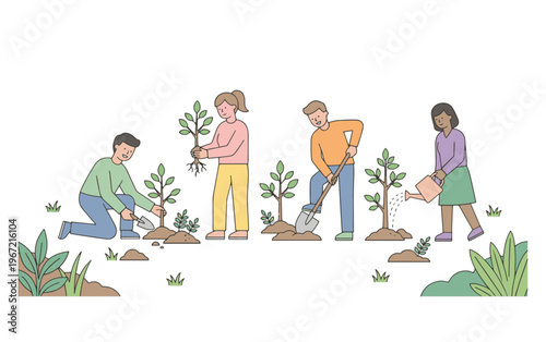 Community Group Planting Trees for Environmental Sustainability and Reforestation Efforts | Diverse People Cultivating a Greener Future with Teamwork