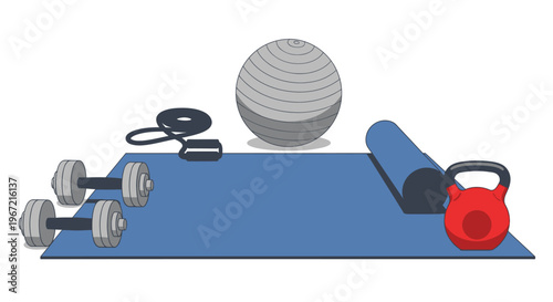 Gym equipment arrangement on blue mat isolated white background
