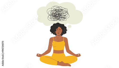 A woman in yellow meditation outfit sitting in lotus position with a thought bubble