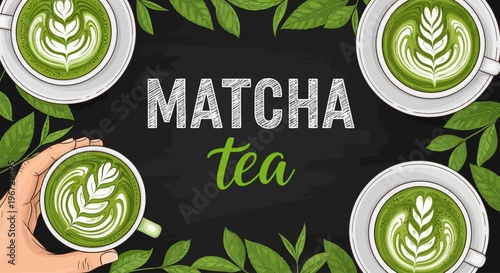 A hand holding a cup of matcha tea surrounded by green leaves