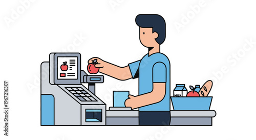 Man scanning apple at checkout counter in a supermarket illustration