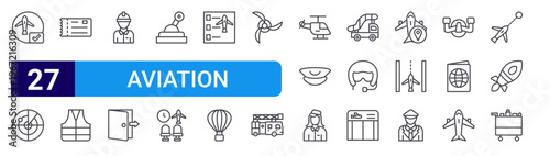 set of 27 thin line aviation icons such as check in, radar, ticket, life jacket, worker, exit door, control lever, waiting room, checklist. editable stroke vector illustration isolated on white