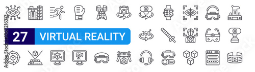 set of 27 thin line virtual reality icons such as bionic eye, rotation, cityscape, holographic, motion, d modeling, boxing, streaming, vr game. editable stroke vector illustration isolated on white