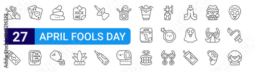 set of 27 thin line april fools day icons such as mouse, chewing gum, cards, chat, poop, punch, kick me, buffon, push pin. editable stroke vector illustration isolated on white