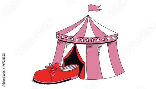 A red shoe sitting in front of a colorful circus tent illustration