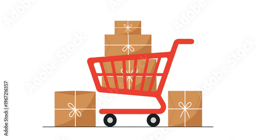 Shopping cart with boxes commerce and delivery concept on white background