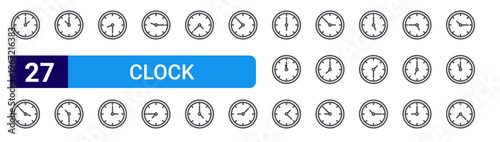 set of 27 thin line clock icons such as clock, clock, editable stroke vector illustration isolated on white