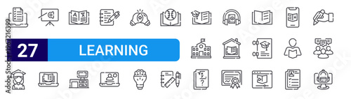 set of 27 thin line learning icons such as online, student, presentation, online, dictionary, work, take, webinar, sharing. editable stroke vector illustration isolated on white