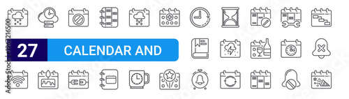set of 27 thin line calendar and date icons such as snow, wifi, server, birthday, calendar, disconnect, diary, yearbook, rain. editable stroke vector illustration isolated on white