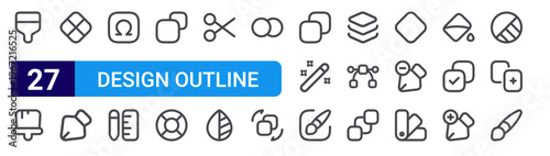 set of 27 thin line design outline icon icons such as brush, brush, component, path, omega, ruler, shapes, life buoy, scissor. editable stroke vector illustration isolated on white