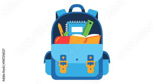 Open backpack with school supplies notebook pencil ruler apple and book