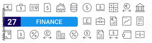 set of 27 thin line finance icons such as online banking, book, briefcase, bill, certificate, discount, bill, currency exchange, house. editable stroke vector illustration isolated on white