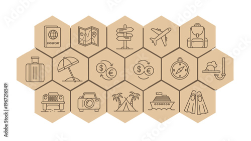 A collection of travel icons on hexagonal tiles for planning adventures