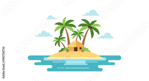 Tropical island scene with palm trees and a hut illustration