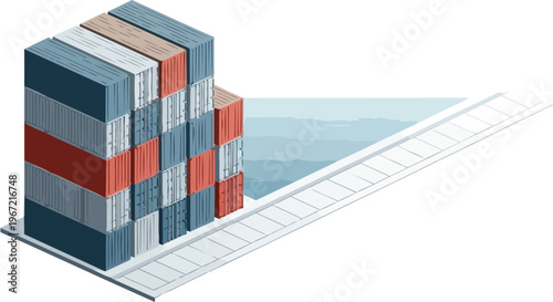 Isometric Illustration of Stacked Shipping Containers at a Port Terminal, Global Trade and Logistics Concept Isolated on White