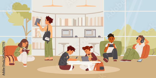 Diverse school children relaxing and studying during the break in a modern media library flat vector illustration.