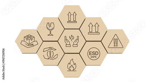 A collection of ESD safe handling icons on wooden hexagons