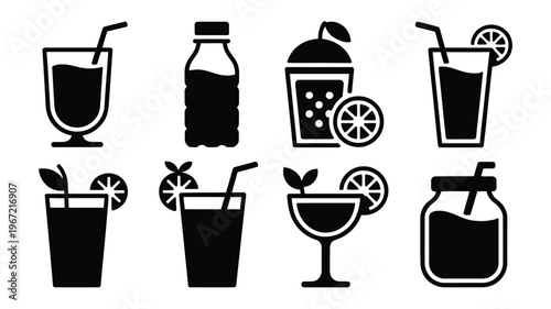Collection of clean black silhouette icons representing various refreshing beverages including juices smoothies and cocktails with fruit garnishes and straws perfect for healthy