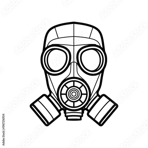 Minimalist black and white gas mask line art illustration for industrial safety, chemical protection, and post-apocalyptic survival themes on a white background