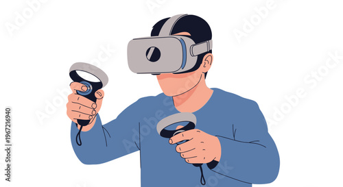 Man experiencing virtual reality technology isolated on a white background