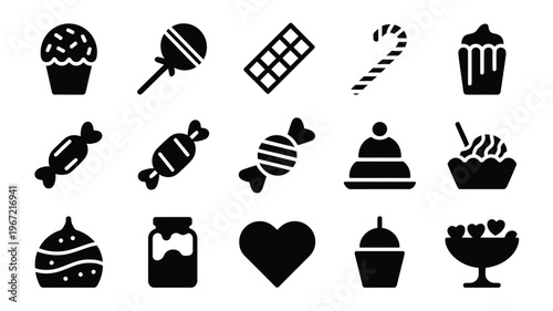 Collection of sweet treats and desserts icons representing candy cupcakes chocolate bars and lollipops ideal for graphic design and celebration themes