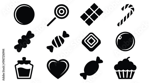 Collection of twelve black solid silhouette icons representing various sweets and candies like lollipops chocolates candy canes bonbons and cupcakes isolated on a white background