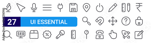 set of 27 thin line ui essential color icons such as microscope, search, pointer, seo, mic, package, menu, offer, plug. editable stroke vector illustration isolated on white