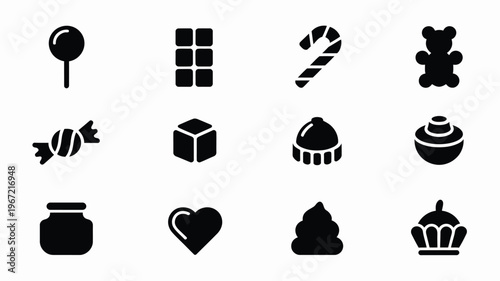 Collection of twelve flat black vector icons representing various sweets and treats including a lollipop chocolate bar candy cane gummy bear wrapped candy cube hat mushroom jar
