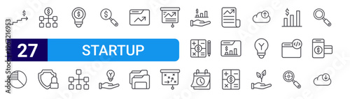 set of 27 thin line startup icons such as scale up, pie chart, diagram, shield, light, hierarchy, search, innovative, web analytics. editable stroke vector illustration isolated on white