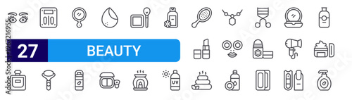 set of 27 thin line beauty icons such as eyelashes, perfume, scale, face roller, mirror, hair spray, sponge, make up, blush. editable stroke vector illustration isolated on white