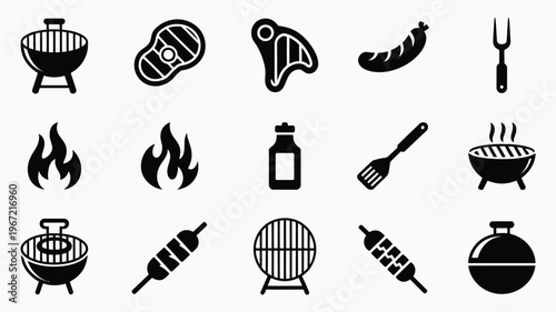 Collection of black silhouette icons representing barbecue grilling food flames and utensils on a clean white background perfect for culinary design and branding elements