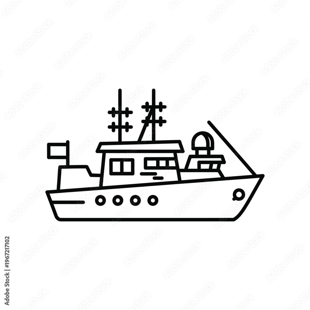 Fototapeta premium Minimalist black line art icon of a commercial fishing boat or research vessel isolated on a white background for maritime and nautical design projects
