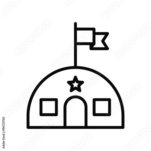 Minimalist line icon of a military barracks or army base building with a flag and star symbol, representing government defense, strategic headquarters, and official service facilities.