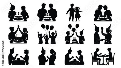Collection of silhouette icons depicting joyful birthday celebrations including cakes balloons and family gatherings ideal for festive design projects and party invitations