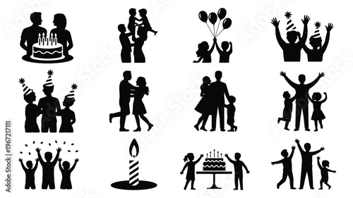 Diverse silhouettes of joyful people celebrating milestones birthdays and special occasions with balloons cakes and confetti representing family friends and community gatherings
