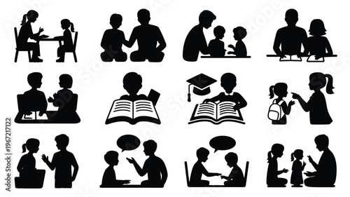 Vector illustration of black silhouettes of children and adults learning reading and graduating in various educational settings