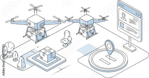 Automated Drone Delivery System with Packages and GPS Tracking Interface - Isometric Vector Illustration