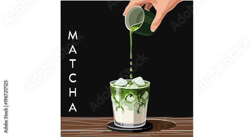 A hand pouring green matcha tea into a glass of ice