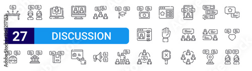 set of 27 thin line discussion icons such as discussion, discussion, conversation, book, video conference, presentation, editable stroke vector illustration isolated on white