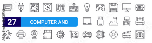 set of 27 thin line computer and hardware icons such as hdmi port, chair, power plug, printer, motherboard, webcam, hard drive,, speakers. editable stroke vector illustration isolated on white